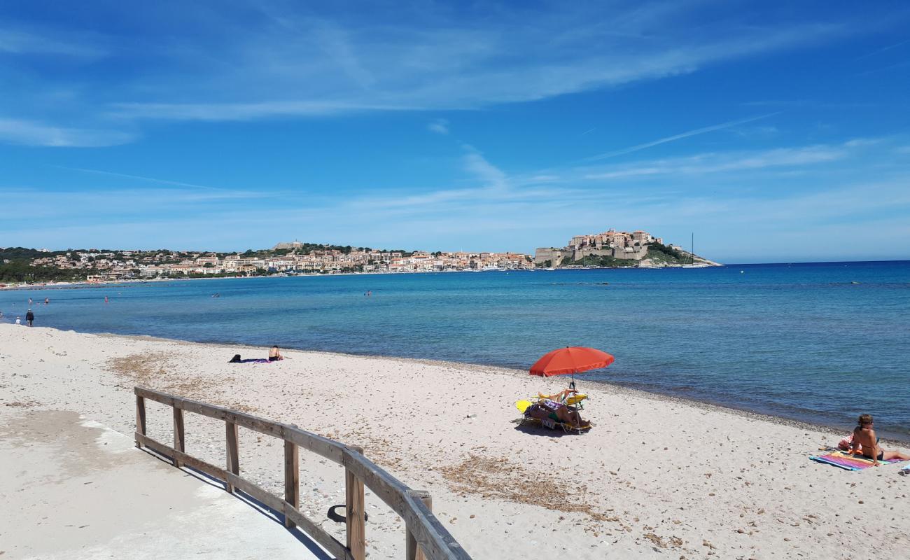 Photo de Calvi beach avec sable lumineux de surface