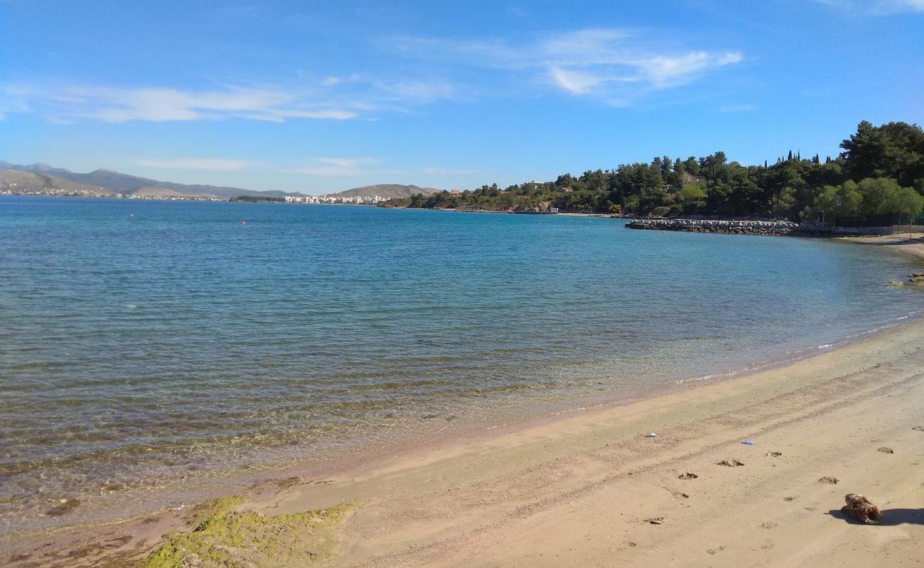 Photo de Amoudia beach avec sable brun de surface