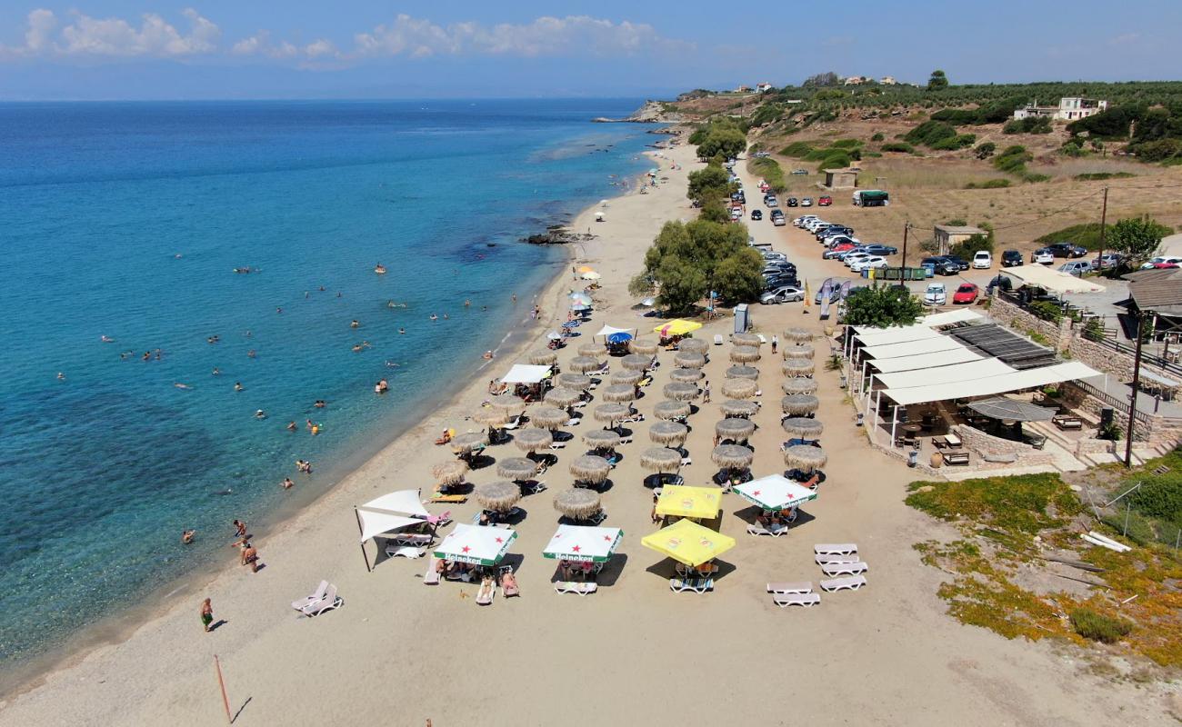 Photo de Tigania beach avec sable beige & galets de surface