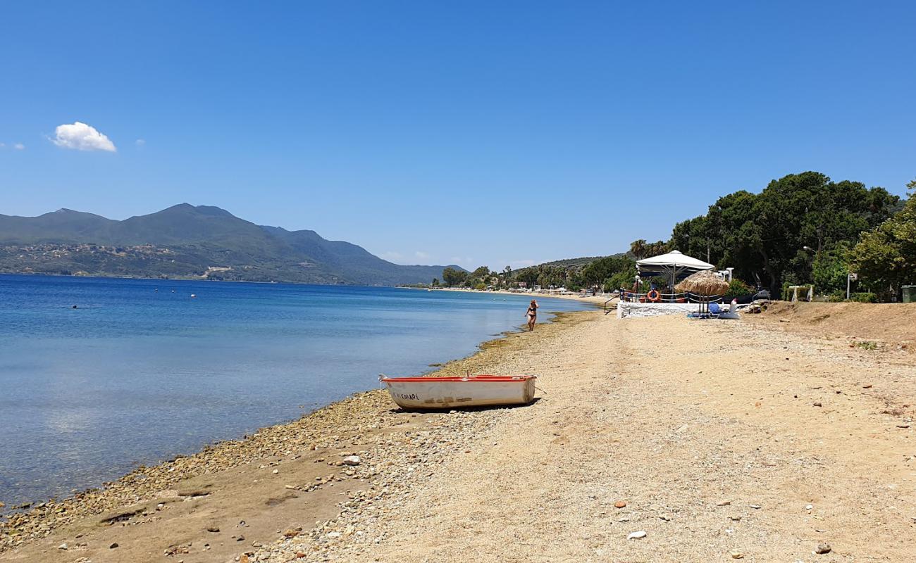 Photo de Maounis beach avec sable noir & galets de surface