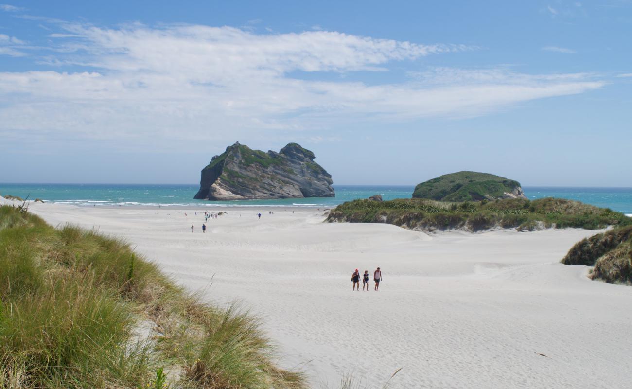 Photo de Wharariki Beach avec sable lumineux de surface