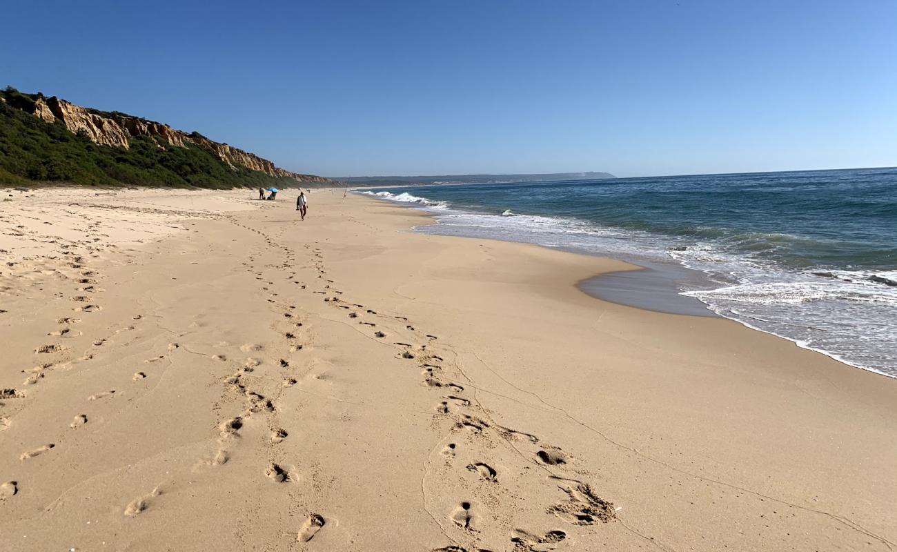Photo de Praia da Fonte da Telha avec sable fin blanc de surface