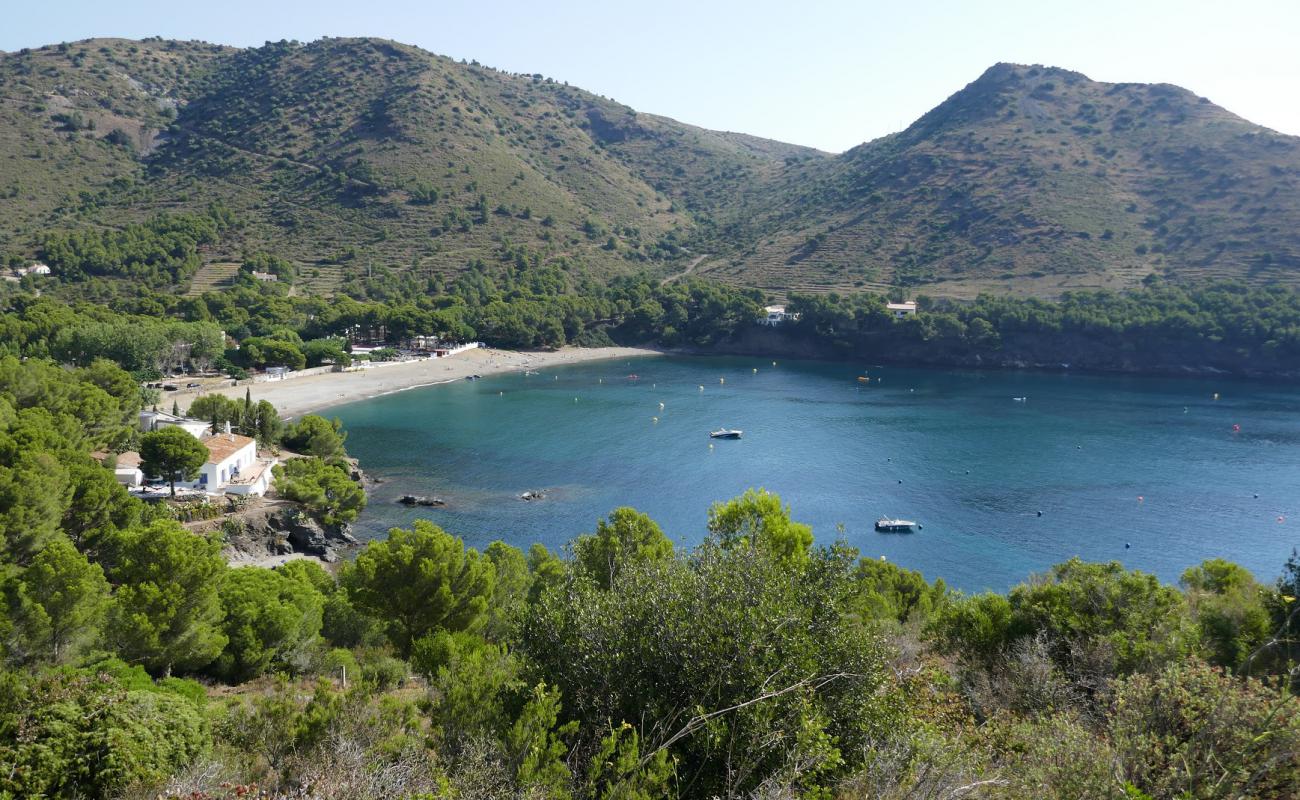 Photo de Cala Montjoi avec sable gris & galets de surface