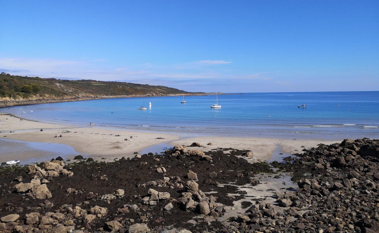 Photo de Coverack Cove beach avec sable gris avec roches de surface