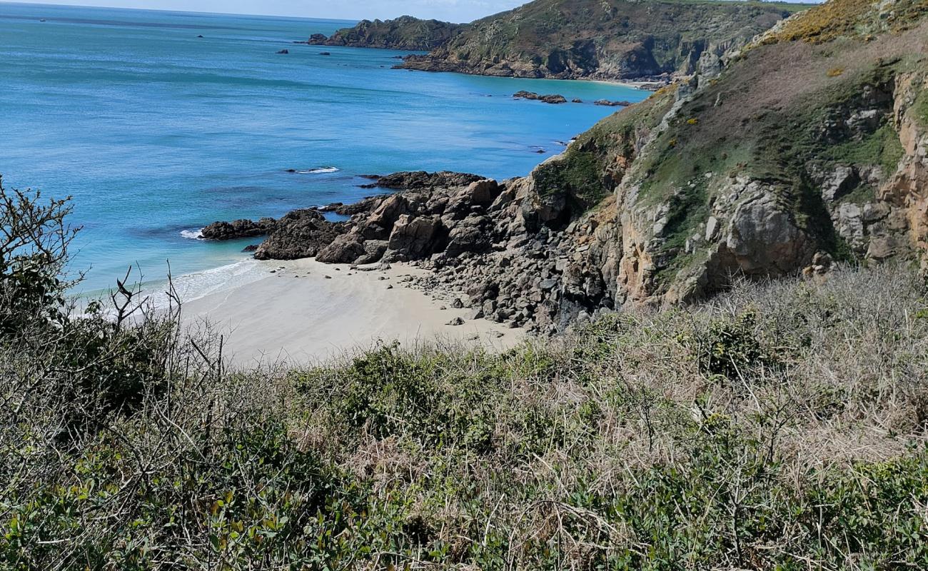 Photo de Le Jaonnet Bay avec sable gris avec roches de surface