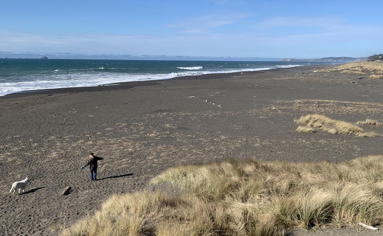 Photo de Agate Beach avec sable gris & galets de surface