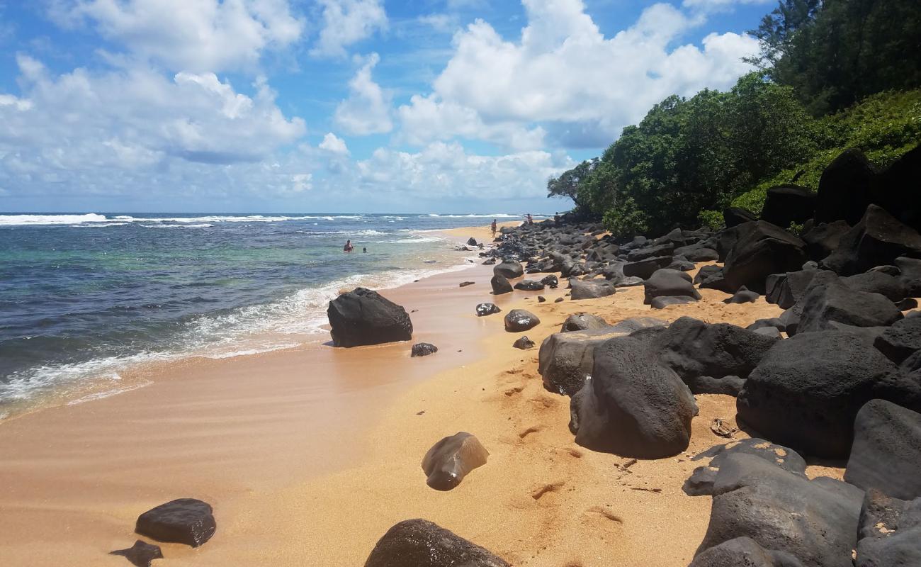 Photo de Anahola Beach avec sable brillant et rochers de surface