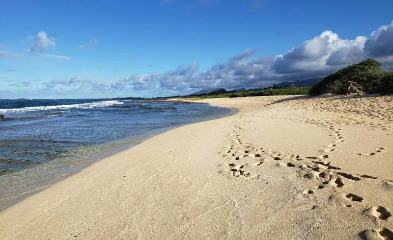 Photo de Kahuku Beach avec sable brillant et rochers de surface