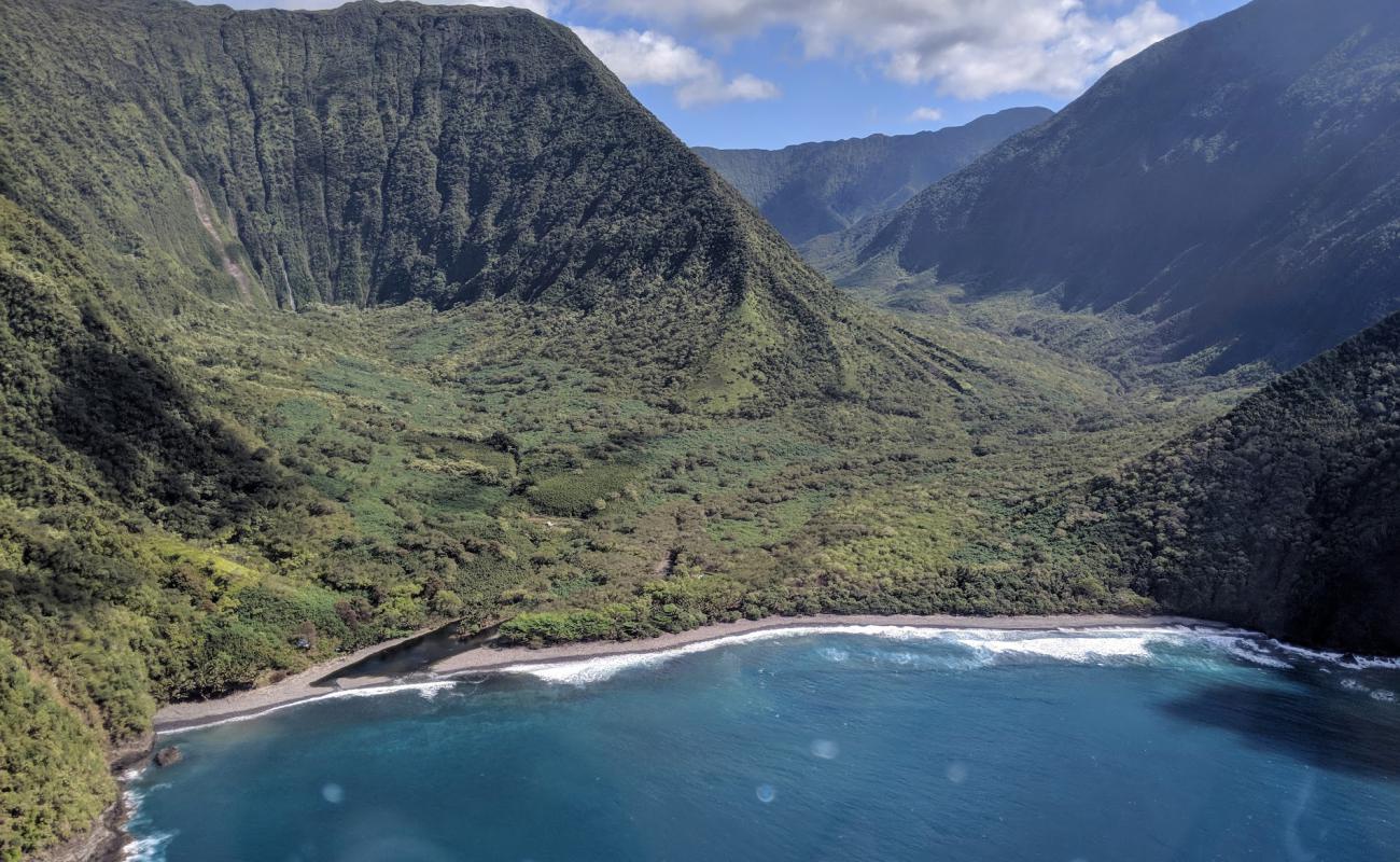 Photo de Wailau Valley Beach avec sable gris & rochers de surface